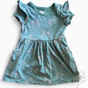 Kids Unicorn Print Dress - Green